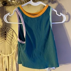 wild fable green crop top with yellow, purple and teal sleeves size womens xs